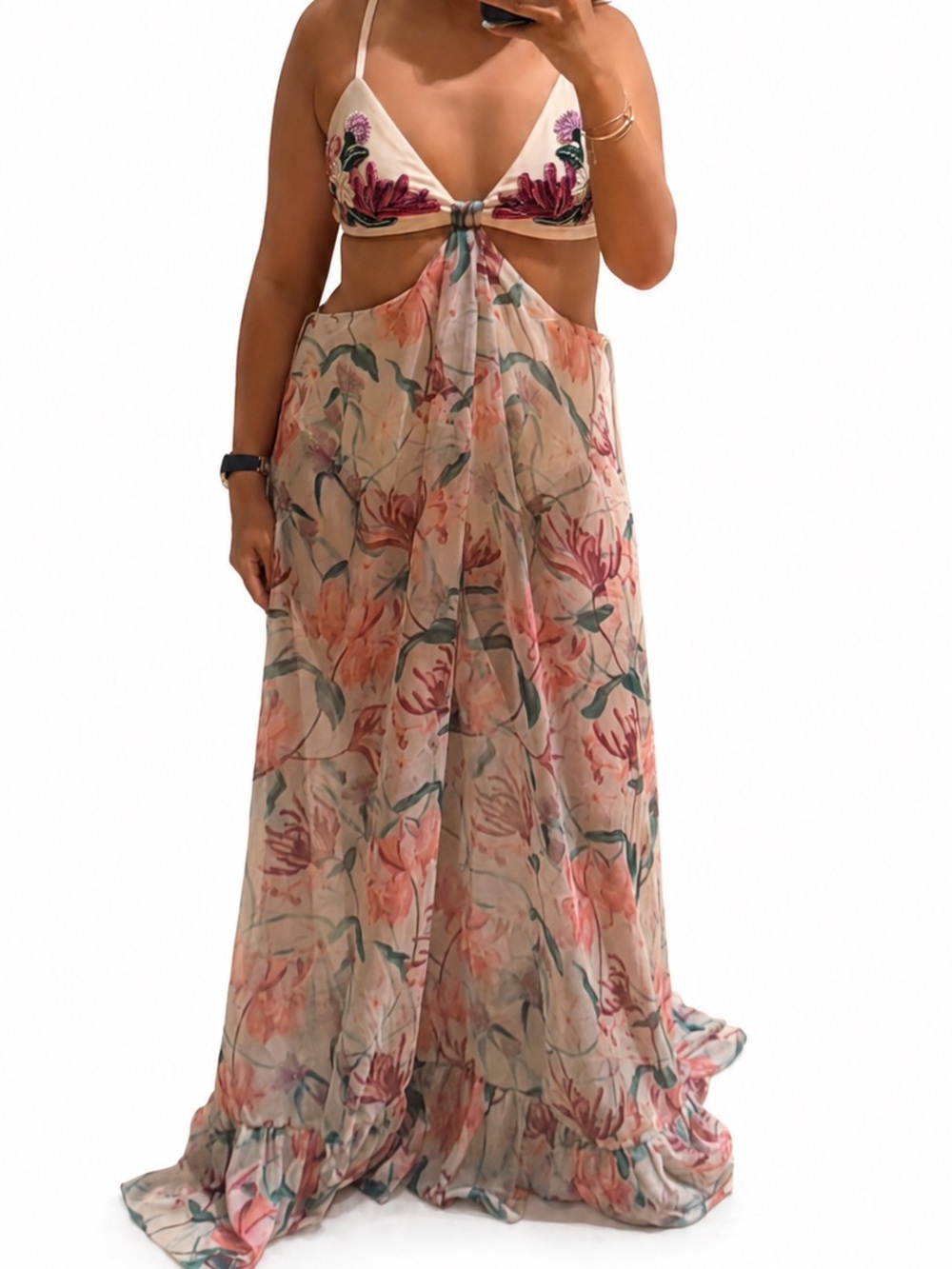 PatBO Cream Maxi Dress with Pink Floral & Green Accents